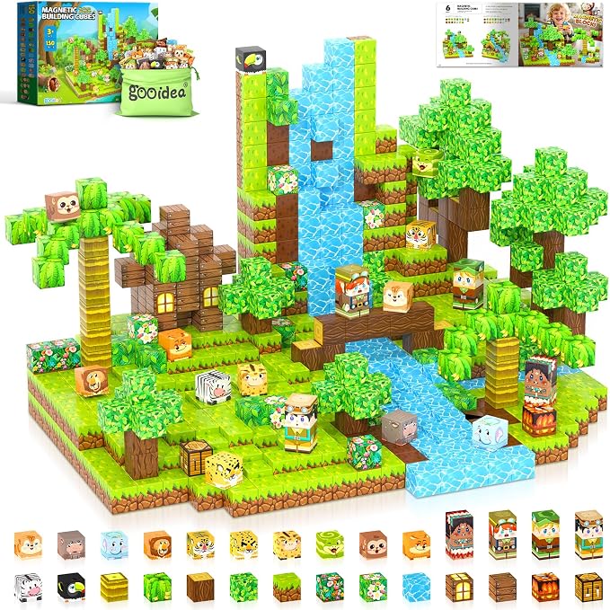 Gooidea 150 Magnetic Blocks Magnet Building Craft, STEM Constructions Toy, Sensory Stacking Cubes Kids Toys, Holiday Birthday Gifts for Boys Girls Age 4-6, 5-7, 4-8, 8-12 - Jungle Adventure Playset