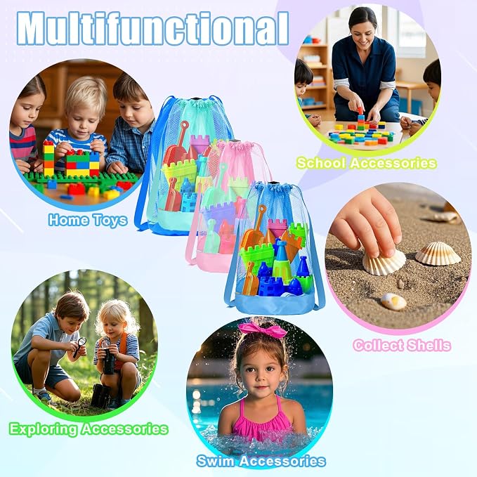 Vodolo Beach Toy Bag,6pcs Mesh Travel Sand Toys Backpack for Sandbox Buckets,Beach Vacation Essentials for Kids,Shell Collecting Bag Shelling Tools,Beach Must Haves Sand Box Toys Seashell Bags