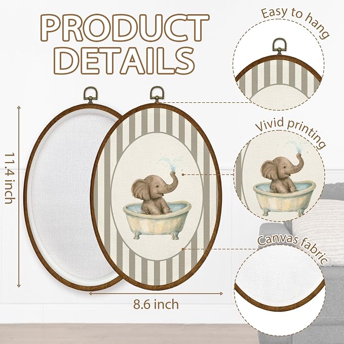 WULQYING Funny Elephant Kids Bathroom Wall Art Decor, Kids Oval Framed Canvas Art Prints, Whimsical Neutral Striped Elephant in Bathtub Wall Hanging Decor for Kids Bathroom Washroom, 8.5x11.4 Inches