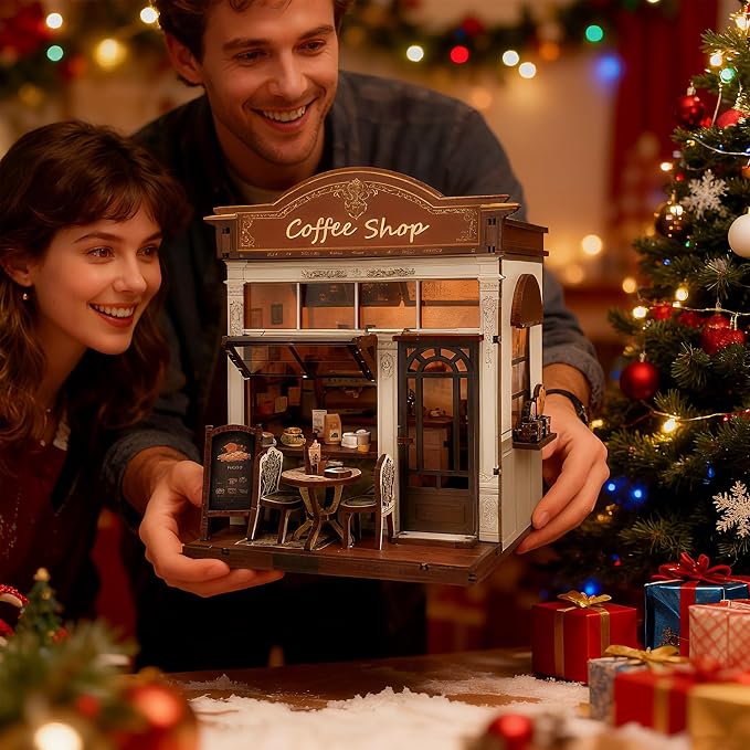 3D Wooden Coffee Shop Book Nook Kit - DIY Miniature Model with LED Lights, 143 Precision-Cut Pieces for Adults & Teens (1:24 Scale, Stress Relief Craft Gift)