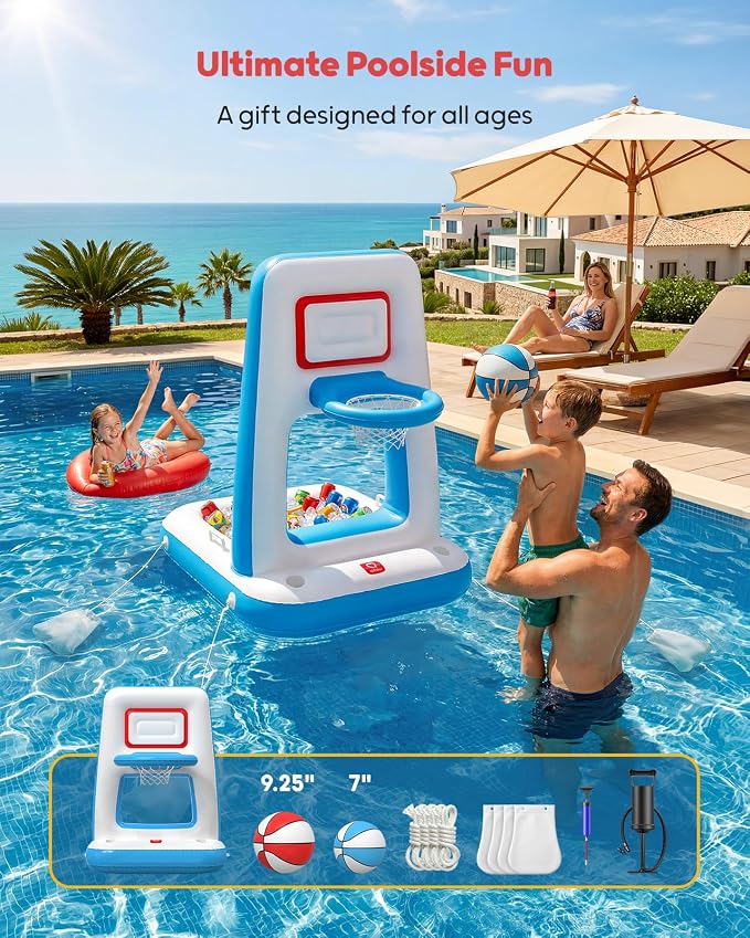 QPAU Pool Basketball Hoop with Built-in Cooler, 42" Poolside & Floating Inflatable Basketball Hoop for Family Pool Party — Swimming Pool Games for Kids & Adults, Includes 2 Balls & Pumps