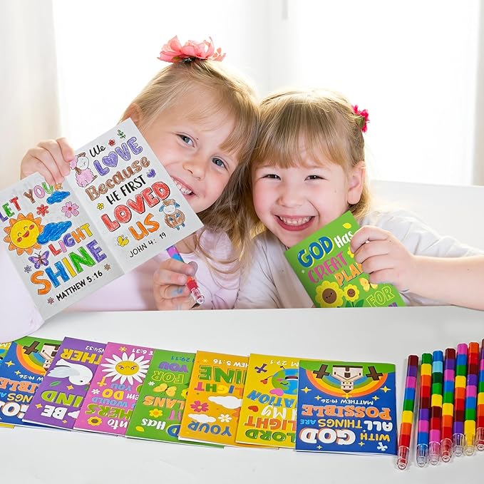 Cinrobiye 24 Set Bible Coloring Books with Stacking Crayons, Religious Activity Set for Church Events, Sunday School, VBS Activities, Faith Gatherings and Community Outreach