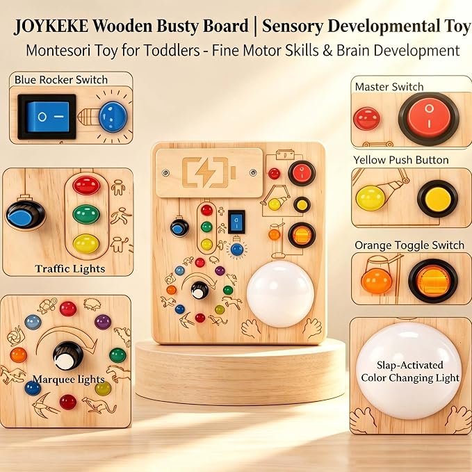 Montessori Busy Board for 1-4 Year Old, Slap-Activated LED Light Sensory Switch Board, Educational Fine Motor Skills Learning Toy