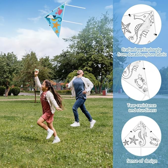 Syhood 60 Pcs DIY Coloring Kites Kit for Kids Pre-Printed Cartoon Animal Kites Summer Decorating Making Kit with Watercolor Pens and Strings Handles for Outdoor Game and Activities
