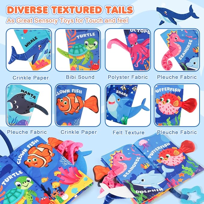 BBWOO Soft Baby Book Toy - Newborn Boy Girl Shower Gift - Tummy Time Toy for Infant 0-6 6-12 Months - Touch and Feel Sensory Crinkle Book with Teether - Baby Boy Girl Gift