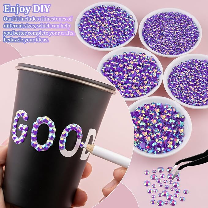 25000Pcs Resin Rhinestones for Crafting, Dark Purple AB 2-6mm Mixed Sizes Non Hotfix Flatback Gems with 1Pcs Glue, Bedazzling Crystal for DIY Craft Clothing Mugs Tumblers Shoes Fabric Decor Nail Art