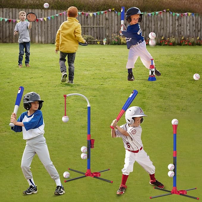HYES 4 in 1 T Ball Sets for Kids 3-5 with Toss and Catch Ball Set, Hanging Tee Stand with Auto Pitching Machine/ 2 Bats, Indoor Outdoor Toys Birthday Baseball Gifts for Toddler Boys Girls, Blue