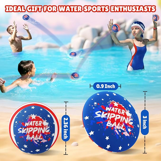 Water Bouncing Ball, 4th of July Splash Skip Water Balls for Fly Swimming Pool Games, 3 Pack Colorful Skipping Balls for Kids 4-8-12 and Adult, Summer Toys Gifts Independence Day Water Party
