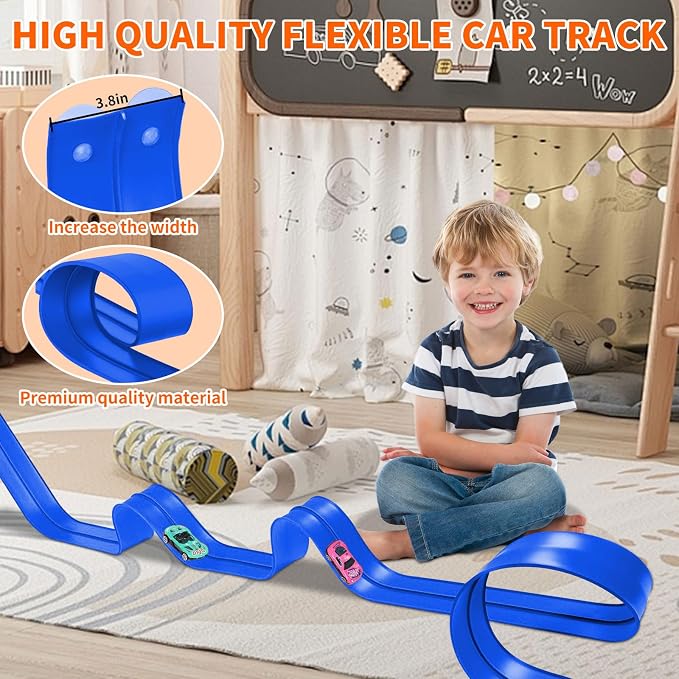 Flex Track Race Set for Kids, 15FT Starter Set Car Track with 4 Suction Cups and 6 Diecast 1/64th Cars - STEM Racing Toy for Boys & Girls Ages 3+ (Upgrade Orange) (Upgrade-Blue)