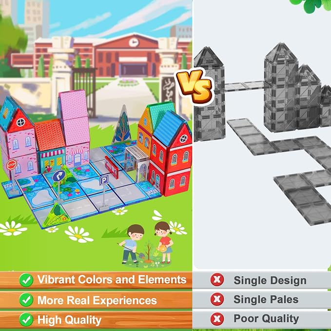 Magnetic Tiles for Kids, Fairytale Town Road Set, Magnetic Blocks Magnet Building Toys for 3-5 4-8 Years Old Boys Girls, Expansion Themed Magnet Educational STEM Creativity Toys 3+ Toddlers Xmas Gifts