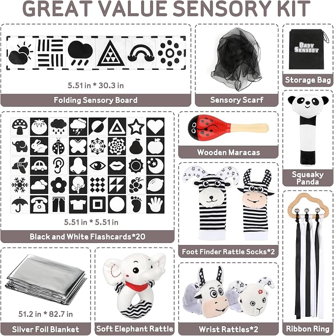 Dreamon 32PCS High Contrast Black and White Baby Sensory Toys, Newborn Tummy Time Toys with Rattle, Soft Book & Flash Cards, Montessori Infant Toys for 0-12 Months Boys Girls Shower Gifts