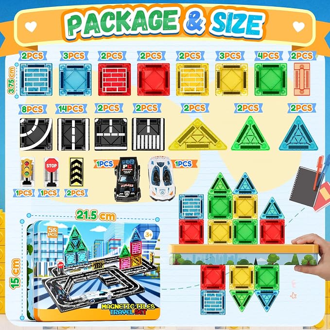 Magnetic Tiles - Road Set, City Race Track Travel Building Blocks with 2 Cars & Metal Box, Mini Magnet Tiles Outdoor Construction Toys for Boys, STEM Sensory Gifts for Toddlers 3-5 4-8 Years Old