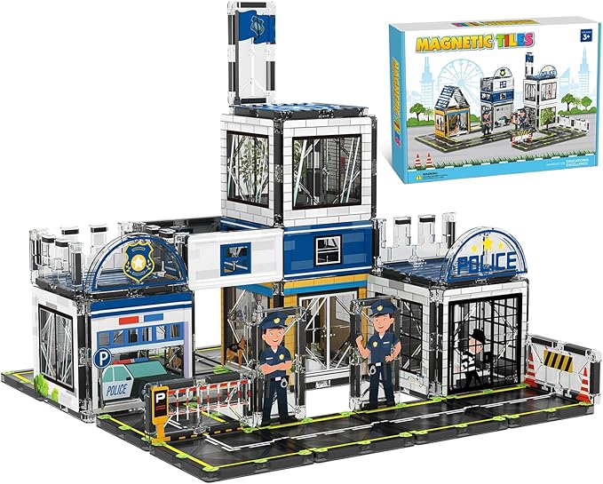 AFUNX Magnetic Tiles, 50PCS Police Station Theme Building Blocks Set, Magnet Building Blocks and STEM Preschool Toys for Toddlers Kids Ages 3-5 5-7 8-10