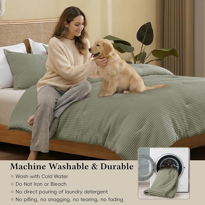 David's Home Waffle Weave Comforter Set 3PCS King Size, Soft Breathable Lightweight Cozy Skin-Friendly Warm for All Season, Elegant Aesthetic Home Decor Bedding Set with Pillow Shams, Dusty Sage