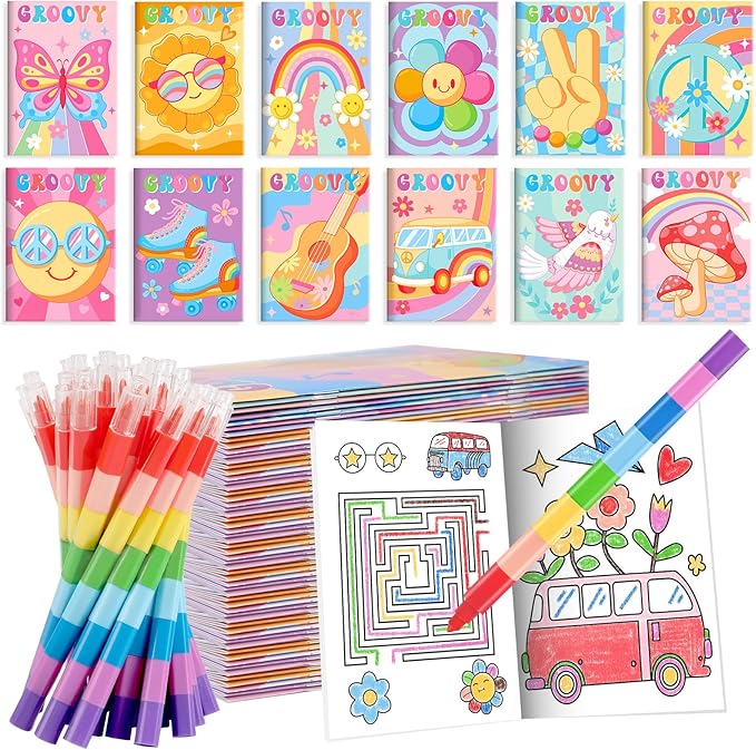 BenLouis 12 Hippie Boho Mini Coloring Books Kids with 12 Stacking Crayons Retro Daisy Party Favors Small Activity Books Bulk for Kids Two Groovy Party Gift Goodie Bag Stuffers