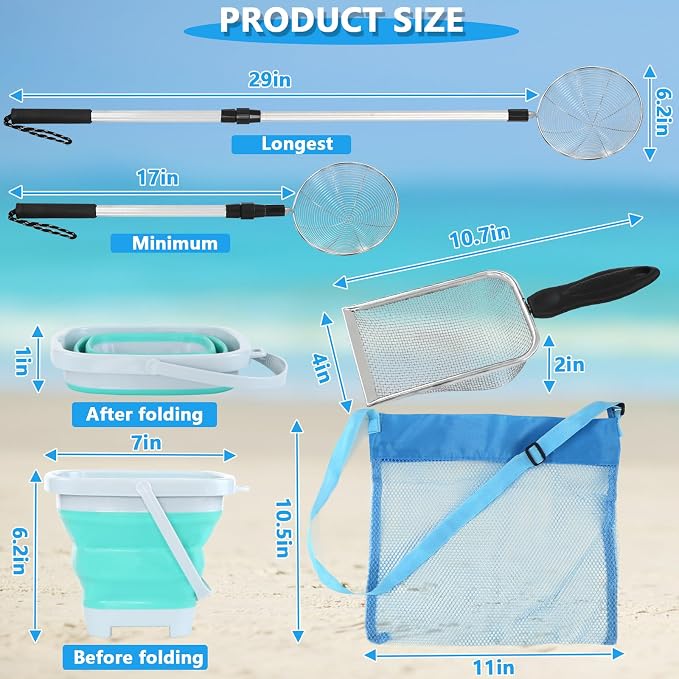fethwoin Shark Tooth Sifter, Beach Sand Sifter, Sea Shell Scooper for Beach, Shell Bags&Foldable Bucket, Sand Beach Toys for Kids 6 8 10 12, Medium, Blue