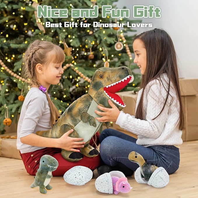 MorisMos Dinosaur Stuffed Animals Set,23.6'' Big Stuffed Dinosaur Mommy + 3 Baby Dino Toys+3 Plush Dino Eggs, Boy Girl T-Rex Toys for Kid Birthday Gift,Realistic T-rex, CPC Certified,Machine Washable