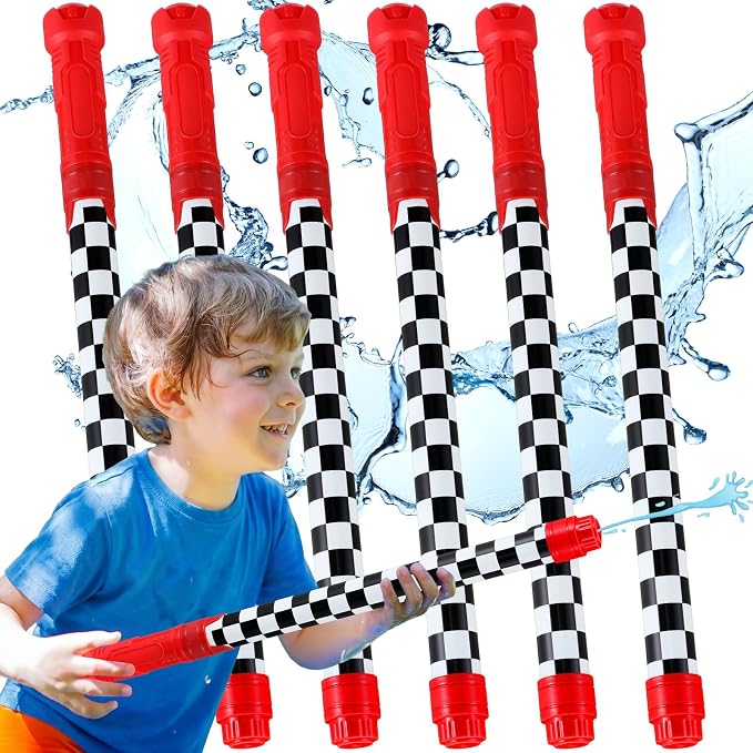 Halloscume 6 Pcs Race Car Party Favors for Kids Water Guns Bulk 15.75" Black and White Checkered Water Squirters Blaster Shooters for Adult Summer Swimming Pool Beach Birthday Gifts Supplies