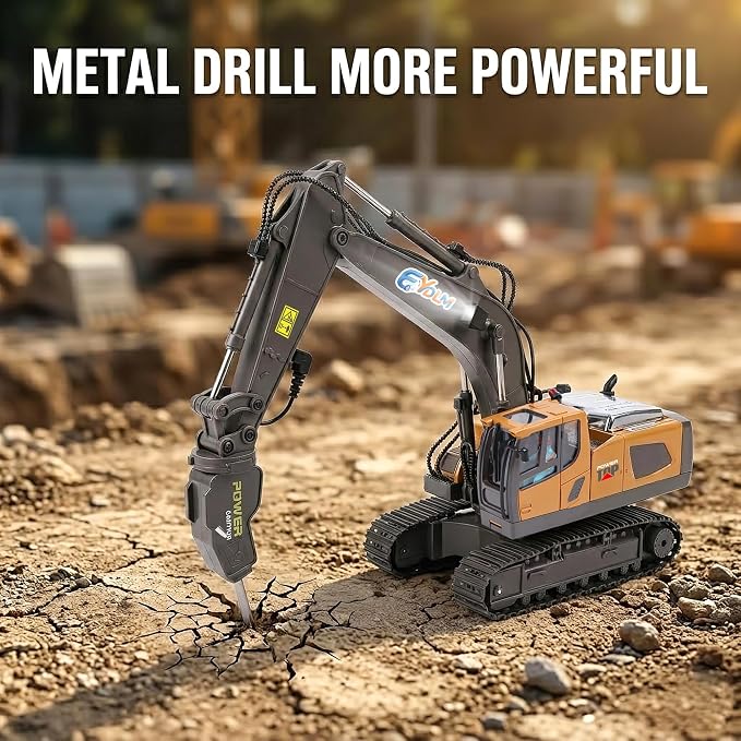 3-in-1 Remote Control Excavator Toy for Boys, Best Birthday Gifts for Kids 3-5 4-7 6-8 9 10 12 Years Old, 11-Ch RC Construction Vehicle with Alloy Shovel, Drill & Grapple, Digger Sandbox Toys
