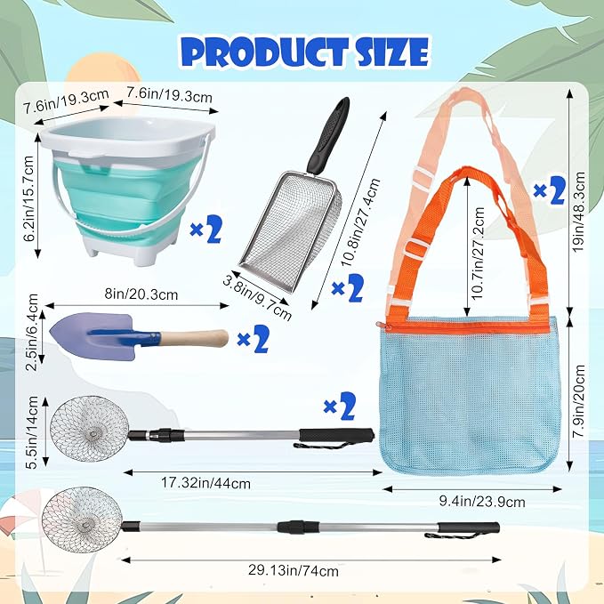 10 Pack Beach Toys Set Adjustable Extra Long Sand Sifter Mesh Shovel Mesh Beach Bag for Kids Foldable Beach Bucket Beach Shovel Sand Toys for Shells Collecting Shark Tooth Beach Toys