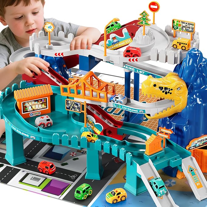 MSKOLER Dinosaur Race Car Tracks for Toddlers 3-4 Years, Dinosaur Climbing Hills Railcar, Toy Car Track Play Set with 7 Small Race Cars, Preschool Birthday Gifts for 3 4 5 6 7 8 Year Old Boys Girls