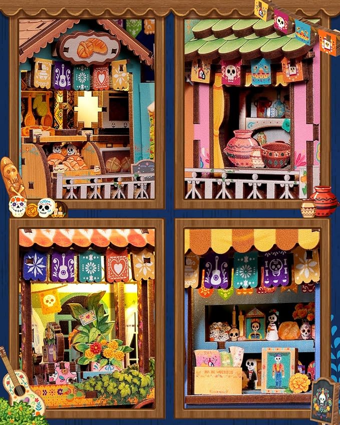CUTEBEE Book Nook Kit - Mexican Fiesta DIY Miniature Dollhouse, Vibrant LED Bookshelf Decor Alley Model for Adults Teens, Gifts for Family and Friends（Plaza de Los Muertos）