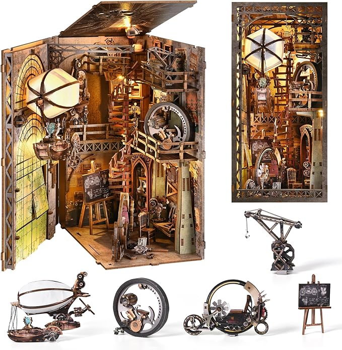 TOYQI Book Nook Kit, Book Nook Kits for Adults | DIY Miniature Dollhouse Kit 3D Wooden Puzzle Booknook Bookend with LED Light