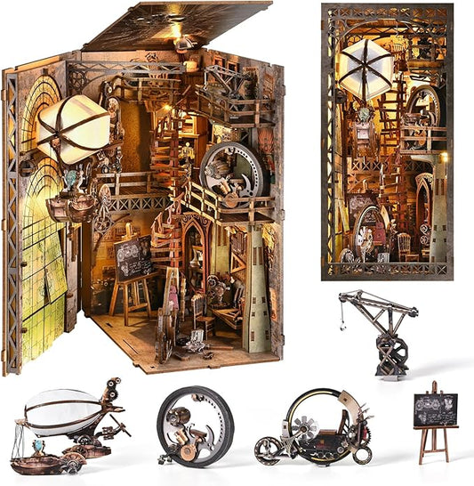 TOYQI Book Nook Kit, Book Nook Kits for Adults | DIY Miniature Dollhouse Kit 3D Wooden Puzzle Booknook Bookend with LED Light