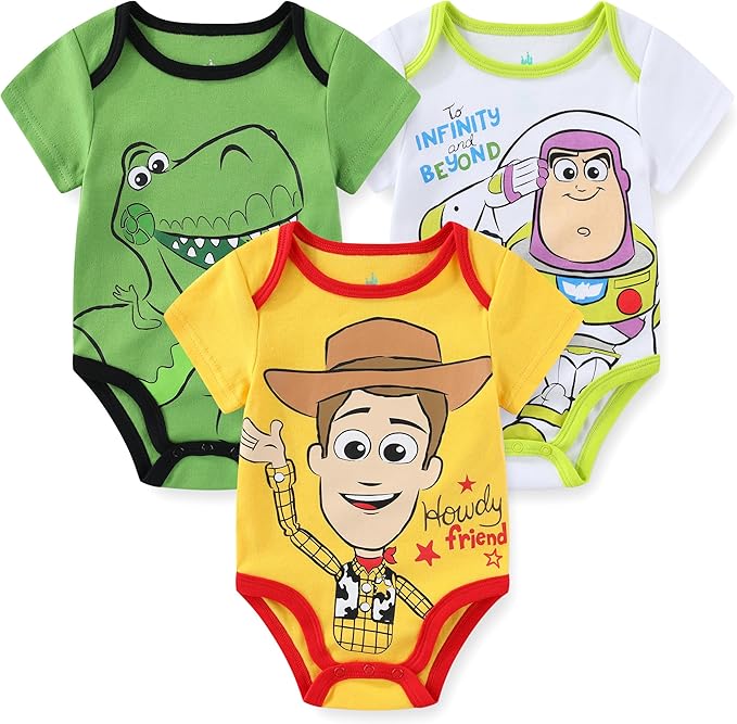 Disney Baby Toy Story Mickey Mouse Cars Winnie the Pooh Boys 3 Pack Bodysuit Creeper for Newborn and Infant