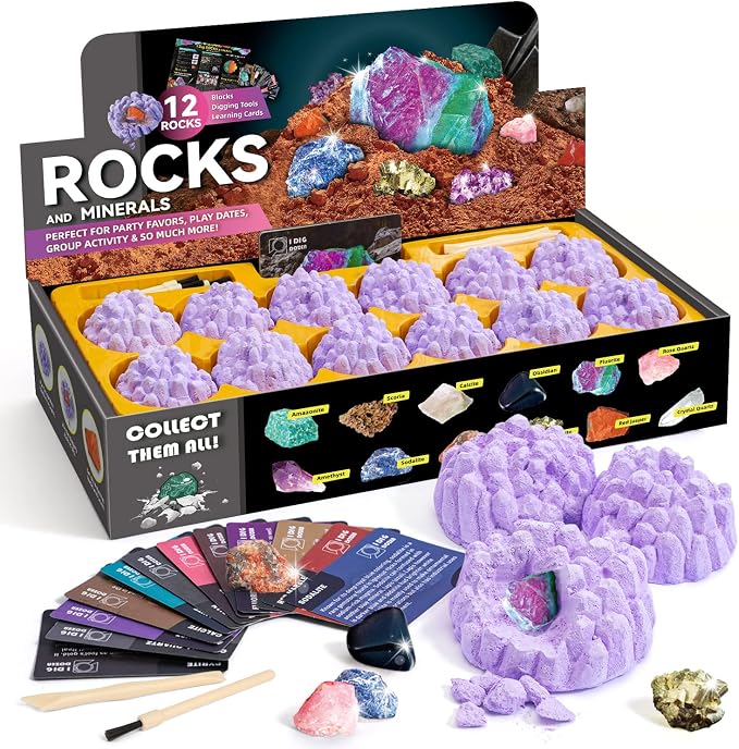 Gem Dig Kit for Kids – Dig Up 12 Real Gems & Rocks, Gemstone Dig Kit,Gem Mining Rock Dig Kit, Educational Excavation Toy Party Birthday Gift for Boys Girls Ages 6+