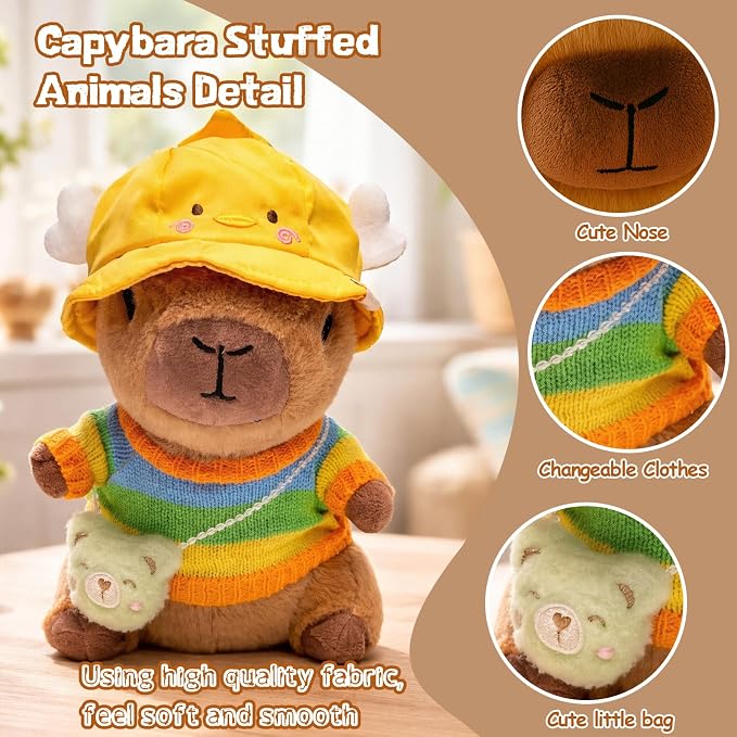 10.2" Brown Capybara Plush Toy with 9 Clothes and Accessories Super Soft Capybara Stuffed Animal for Kids Girls Boys (Brown Capybara)