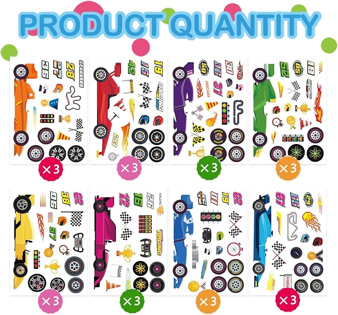 24 Sheets Car Stickers for Kids, DIY Race Car Sticker | Make Your Own Stickers, Race Party Favors, Birthday Party Decorations