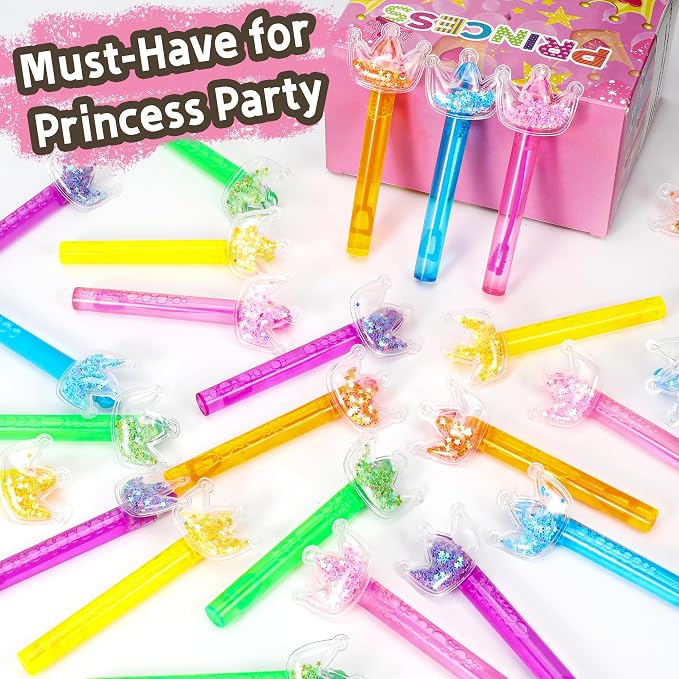 24PCS Glitter Crown Bubble Wands Toys for Kids, Princess Birthday Party Favors Supplies Decorations, Classroom Prizes, Pinata Fillers, Goodie Bag Stuffers Gifts
