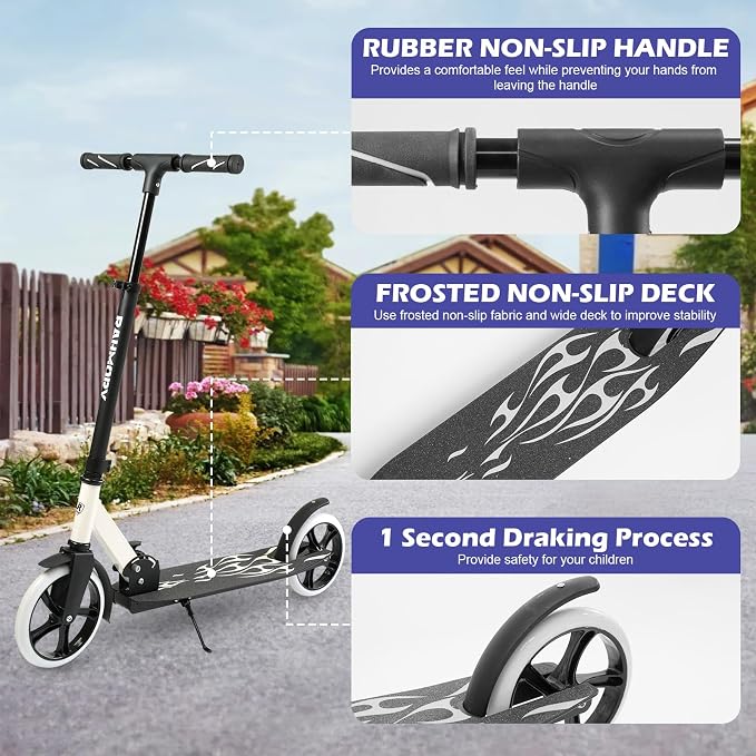 Rahmory Kick Scooter for Ages 6+,Kid, Teens & Adults. Foldable Kick Scooter for Boys with 4 Adjustable Heights, ABEC9 Bearings, Supports Up to 220 lbs.