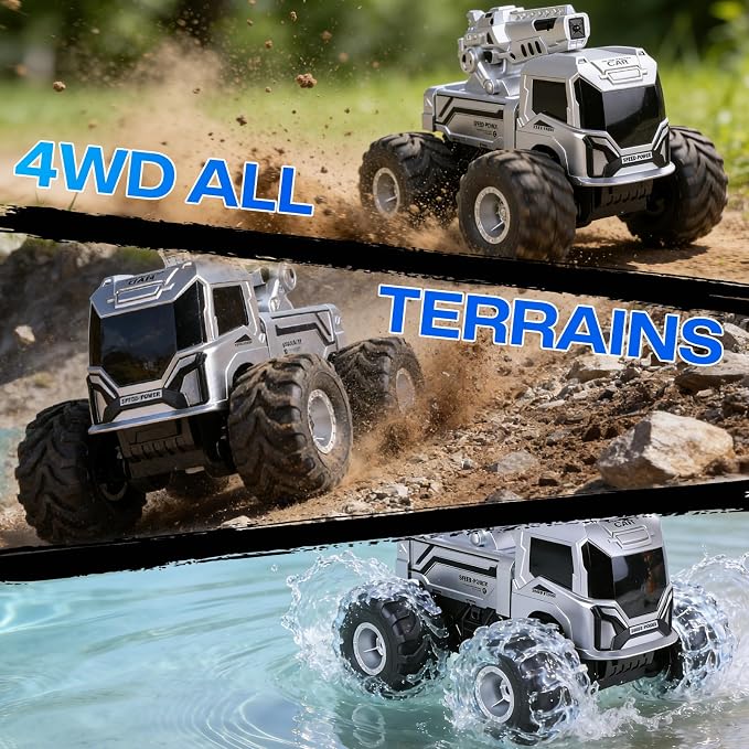 1:18 Remote Control Car, Amphibious RC Monster Truck for Kids, 4WD Waterproof RC Stunt Car, 2.4GHz All Terrain Off-Road Vehicle with 2 Rechargeable Batteries, Toy Gift for Boys Girls Aged 6-12