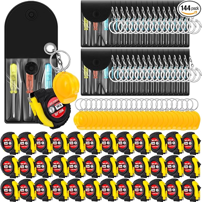 Jutom 144 Pcs Mini Construction Helmet Keychains Tape Screwdrivers Tool Adult Men Gifts Bulk for Easter Egg Stuffers Father's Day Construction Party Favors Gifts