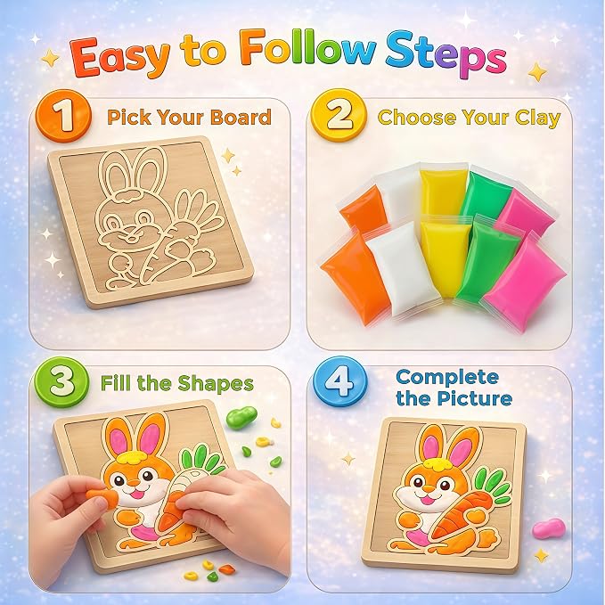 Air Dry Clay for Kids - Modeling Clay for Kids DIY Arts and Crafts Kit with 16 Soft Colored Magic Clay Bags & 2 Engraved Wooden Boards - Wooden Clay Picture Kit for Boys and Girls Ages 4-8