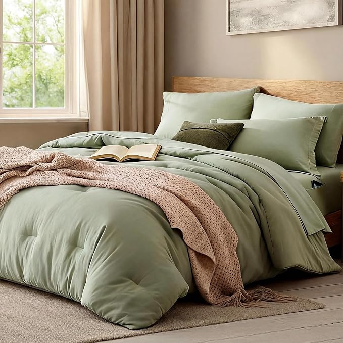 WRENSONGE King Size Comforter Set- 7 Pieces Soft Sage Green Bed in a Bag King with Fitted Sheet, Flat Sheet, 2 Pillow Shams, and 2 Pillowcases- Warm King Bedding Sets for All Season