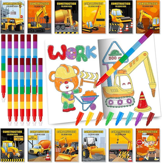 BenLouis 24 Construction Mini Coloring Books Kids with 24 Stacking Crayons Excavator Theme Party Favors Activity Books Bulk for Kids Construction Birthday Goodie Bag Gift Stuffer Classroom Reward