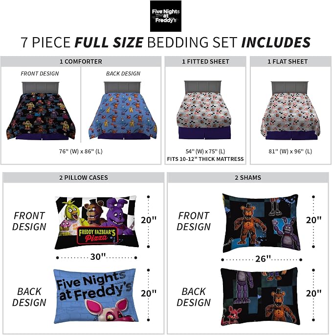 Franco Kids Bedding Super Soft Comforter and Sheet Set with Sham, 7 Piece Full Size, Five Nights At Freddy's