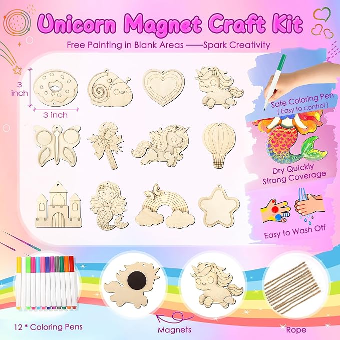 12 DIY Unicorn Wooden Magnets - Arts Crafts Painting Kits For Kids, Creative Art Supplies Paint Gift For Birthday Party Favors Family Easter Crafts Decorations Unicorn Toys For Girls Boys Ages 4-12