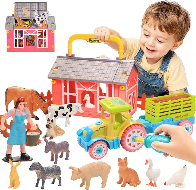 Farm Animals Toys for Kids 3+, DIY STEM Take Apart Tractor & Animal Figures, Montessori Farm Set with Barn Storage Case
