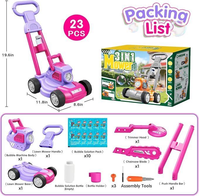 Bubble Lawn Mower for Kids Ages 3-8, 3-in-1 Bubble Machine with 10 Bubble Solution Refills, Outdoor Push Toy for Toddlers Boys Girls, Easter Summer Birthday Gift for 3+ Year Old