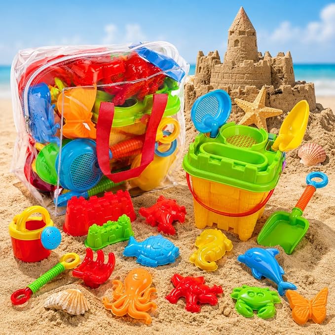 Beach Toys & Sand Toys for Kids Toddlers and Ages 4-12 — 23 Piece Sandbox Toys Set with Reusable Storage Bag, Sand Castle Building Kit, Animal Molds, Shovels, Rake, Sifter & Watering Can