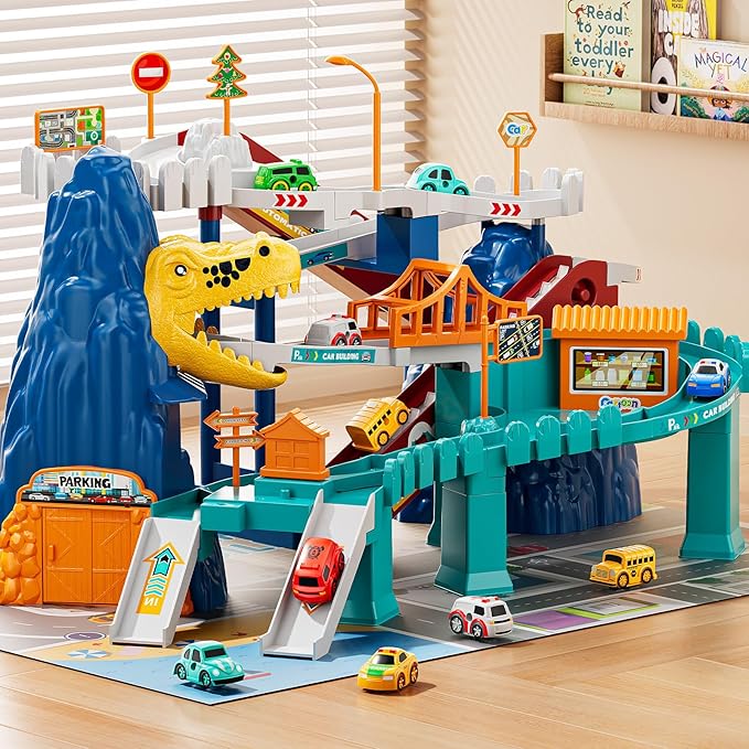 NIPLOOOW Dinosaur Race Track Playset for Boys Kids 3-5, Dinosaur Climbing Hills Car Track Play Set with 10 Mini Racer Cars, Kids Car Ramp Track Toys for 3 4 5 6 7 8 Year Old Boys Girls