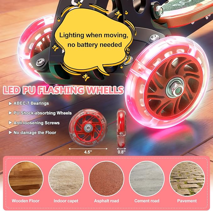 3 Wheel Scooters for Kids 2-5 5-7 Years, 4 Adjustable Heights Foldable Metal Toddler Scooter for Boys Girls Up to 120 lbs, Lean-to-Steer, Dual Rear Brake Widen Anti-Slip Deck