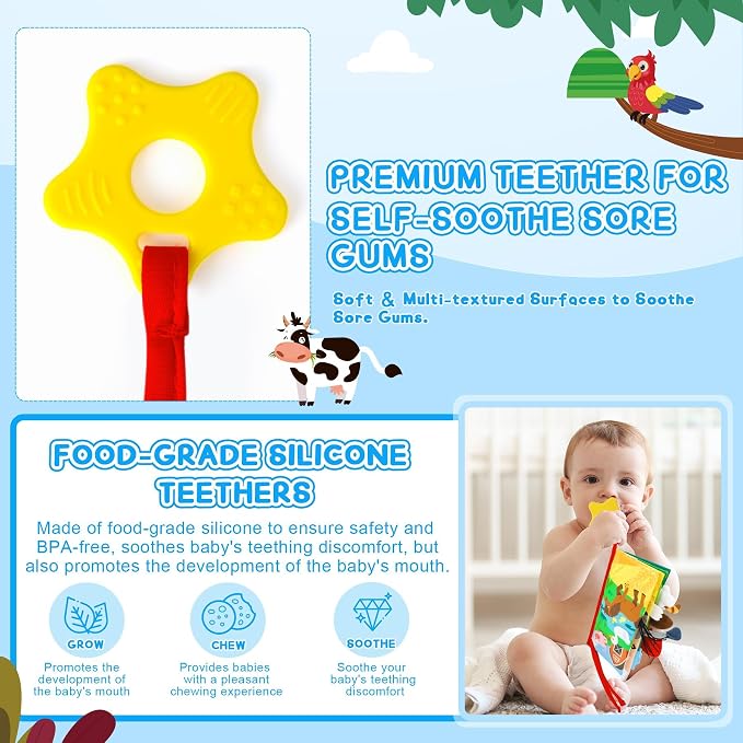 BBWOO Soft Baby Book Toy - Newborn Boy Girl Shower Gift - Tummy Time Toy for Infant 0-6 6-12 Months - Touch and Feel Sensory Crinkle Book with Teether - Baby Boy Girl Gift