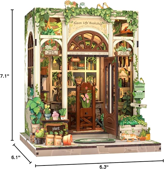 Cutefun Book Nook Kit - DIY Miniature Dollhouse Booknook Kit for Adults and Teens, 3D Wooden Puzzle Bookshelf Insert Decor with LED Light, Gifts for Book Lovers and Beginners (Green Life Bookshop)