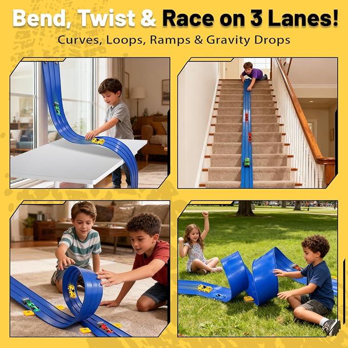 3-Lane Flexible Race Track for Kids - 20FT Flex Race Car Ramp Track with Strong Suction Cups, Rolls Up Portable DIY Racetrack Compatible with Hot Wheels & Diecast 1/64th Cars