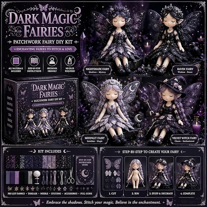 Fairy Patchwork DIY Collection, Fun Flower Fairy Patchwork Sewing Kit, Make 4pcs Winged Elf Cloth Dolls, Complete Fabric Supplies DIY Craft Set for Beginner Crafters, Home Decor Handmade Gift (#D)